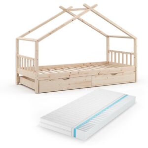 Lit cabane Design 90x200 cm avec lit dappoint et matelas Naturel bois Vitalispa Marron - Publicité Lit cabane Design 90x200 cm avec lit dappoint et matelas Naturel bois Vitalispa Marron - Publicité