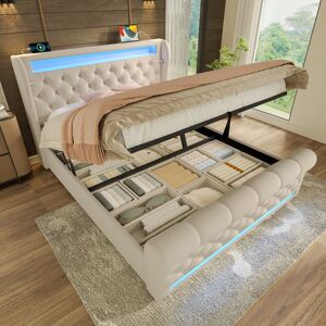 HNCBB Lit Coffre 140x200 cm lit 2 personnes avec Éclairage LED et USB et Type-C Lit double Rembourré avec Espace de Rangement Beige Beige - Publicité HNCBB Lit Coffre 140x200 cm lit 2 personnes avec Éclairage LED et USB et Type-C Lit double Rembourré avec Espace de Rangement Beige Beige - Publicité