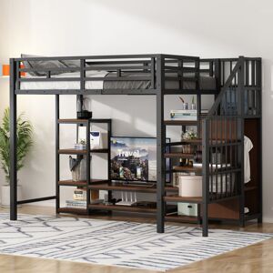 Lit Mezzanine 90x200 - MERAX - Métal & Bois - Support TV Intégré - Prise Électrique - Échelle Sécurisée Noir - Publicité Lit Mezzanine 90x200 - MERAX - Métal & Bois - Support TV Intégré - Prise Électrique - Échelle Sécurisée Noir - Publicité