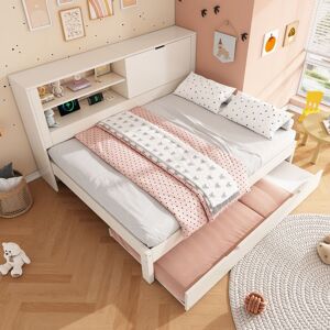 Lit banquette convertible - MERAX - 140x190 + gigogne 90x190 - Rangements intégrés - Station USB/Type-C - Blanc Blanc - Publicité Lit banquette convertible - MERAX - 140x190 + gigogne 90x190 - Rangements intégrés - Station USB/Type-C - Blanc Blanc - Publicité