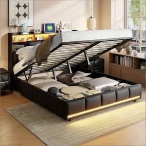 PERGAR Lit Complet Double Lit Coffre 140 x 190 cm Sommier Relevable avec Rangement LED Tête de Lit port USB Style Moderne PU Noir Noir - Publicité PERGAR Lit Complet Double Lit Coffre 140 x 190 cm Sommier Relevable avec Rangement LED Tête de Lit port USB Style Moderne PU Noir Noir - Publicité