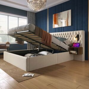 MERAX Lit Coffre Capitonné Hydraulique 180x200 cm - Velours Beige avec 2 Tables de Chevet LED USB et Type C Beige - Publicité MERAX Lit Coffre Capitonné Hydraulique 180x200 cm - Velours Beige avec 2 Tables de Chevet LED USB et Type C Beige - Publicité