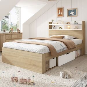 Lit simple - MERAX - 90x190 - Blanc et chêne - 2 tiroirs & tête de lit étagères - Sommier à lattes inclus Blanc - Publicité Lit simple - MERAX - 90x190 - Blanc et chêne - 2 tiroirs & tête de lit étagères - Sommier à lattes inclus Blanc - Publicité