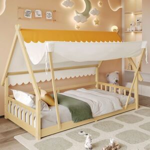 Lit enfant cabane - MERAX - Lit cabane 90x200 - Pin naturel - Sommier à lattes - Barrières de sécurité Jaune - Publicité Lit enfant cabane - MERAX - Lit cabane 90x200 - Pin naturel - Sommier à lattes - Barrières de sécurité Jaune - Publicité