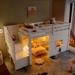 Lit mezzanine - MERAX - Lit mezzanine avec escalier et fenêtres décoratives - 90x200 cm - LED intégré - Bois pin/MDF Blanc - Publicité Lit mezzanine - MERAX - Lit mezzanine avec escalier et fenêtres décoratives - 90x200 cm - LED intégré - Bois pin/MDF Blanc - Publicité