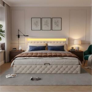 MERAX Lit Rembourré LED - 140x190 cm - Coffre de Rangement - Tête de Lit Haute - Revêtement PU Blanc Blanc - Publicité MERAX Lit Rembourré LED - 140x190 cm - Coffre de Rangement - Tête de Lit Haute - Revêtement PU Blanc Blanc - Publicité