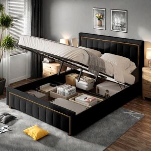 PERGAR Lit coffre 140 x 200cm Lit adulte lit capitonné avec tête de lit tissu en velours cadre de lit avec levier hydraulique Noir Noir - Publicité PERGAR Lit coffre 140 x 200cm Lit adulte lit capitonné avec tête de lit tissu en velours cadre de lit avec levier hydraulique Noir Noir - Publicité