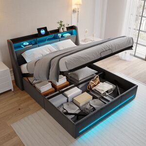 Lit coffre - TANANT - 160x200 cm - LED intégrée - Tête de lit avec rangement - Métal gris Gris - Publicité Lit coffre - TANANT - 160x200 cm - LED intégrée - Tête de lit avec rangement - Métal gris Gris - Publicité