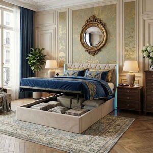 Lit Coffre Adulte 140x200cm Velours Beige - LED Intégrée - Sommier Hydraulique - Grand Espace de Rangement - Design Chic Beige - Publicité Lit Coffre Adulte 140x200cm Velours Beige - LED Intégrée - Sommier Hydraulique - Grand Espace de Rangement - Design Chic Beige - Publicité