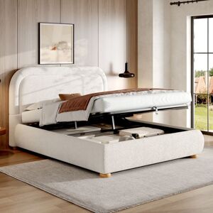 DESVIAE Lit coffre adulte 160x200 cm avec hydraulique et sommier à lattes tête de lit arrondie tissu bouclé blanc Blanc - Publicité DESVIAE Lit coffre adulte 160x200 cm avec hydraulique et sommier à lattes tête de lit arrondie tissu bouclé blanc Blanc - Publicité