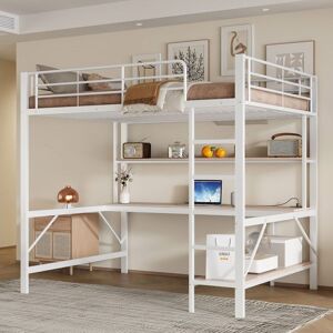 Lit Mezzanine - MERAX - 140x200 - Métal Blanc - Bureau Intégré - LED 7 Couleurs Blanc - Publicité Lit Mezzanine - MERAX - 140x200 - Métal Blanc - Bureau Intégré - LED 7 Couleurs Blanc - Publicité