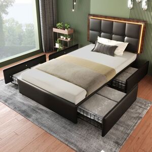 Cadre de Lit - MERAX -Lit Simple 90x200 avec LED 4 Tiroirs et Tête de Lit Réglable Lit Capitonné en PU Noir Noir - Publicité Cadre de Lit - MERAX -Lit Simple 90x200 avec LED 4 Tiroirs et Tête de Lit Réglable Lit Capitonné en PU Noir Noir - Publicité