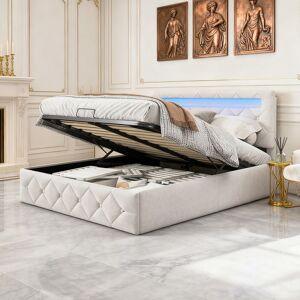 Lit 140x190 cm avec LED - COZY - lit coffre 140x190 avec sommier à lattes - cadre de lit adulte - tissu en velours - blanc cassé Beige - Publicité Lit 140x190 cm avec LED - COZY - lit coffre 140x190 avec sommier à lattes - cadre de lit adulte - tissu en velours - blanc cassé Beige - Publicité