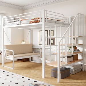 Lit mezzanine - MERAX - 140x200 avec canapé - Blanc - Escalier rangement - Métal & MDF Blanc - Publicité Lit mezzanine - MERAX - 140x200 avec canapé - Blanc - Escalier rangement - Métal & MDF Blanc - Publicité