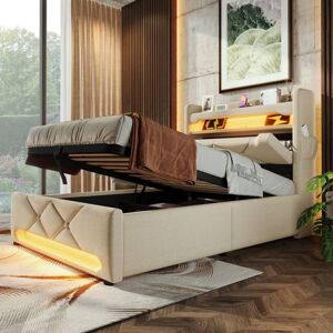 Lit simple 90x200 - MERAX - Rembourré 90x200 - Rangement hydraulique - Ports USB & Type-C - LED 360° Beige - Publicité Lit simple 90x200 - MERAX - Rembourré 90x200 - Rangement hydraulique - Ports USB & Type-C - LED 360° Beige - Publicité