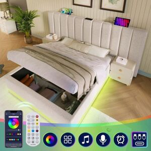 MERAX Lit Coffre Rembourré LED 180x200 avec Rangement USB et USB-C Cadre de Lit Double Moderne - Beige Lin - Sans Matelas Beige - Publicité MERAX Lit Coffre Rembourré LED 180x200 avec Rangement USB et USB-C Cadre de Lit Double Moderne - Beige Lin - Sans Matelas Beige - Publicité