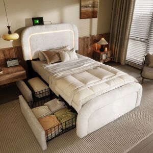 Cadre de Lit avec port USB Type-C LED et 2 Tiroirs - MERAX - Lit Simple Rembourré Blanc 90 x 200 cm - Tête de Lit Réglable Blanc - Publicité Cadre de Lit avec port USB Type-C LED et 2 Tiroirs - MERAX - Lit Simple Rembourré Blanc 90 x 200 cm - Tête de Lit Réglable Blanc - Publicité