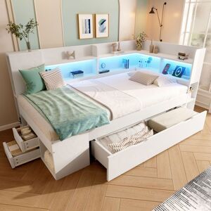 MERAX Lit Simple en Bois - Lit Banquette - 90x190 cm - LED multicolore - USB Type‑C & USB - Tiroirs intégrés Blanc - Publicité MERAX Lit Simple en Bois - Lit Banquette - 90x190 cm - LED multicolore - USB Type‑C & USB - Tiroirs intégrés Blanc - Publicité