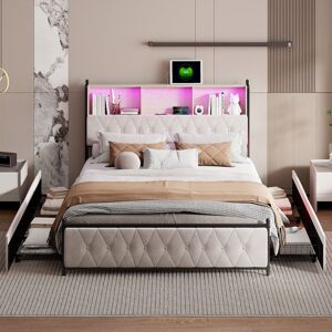 PERGAR Lit double 180x200 avec tiroirs lit adulte avec port USB et LED Structure de Lit avec Sommier à Lattes Beige velours Beige - Publicité PERGAR Lit double 180x200 avec tiroirs lit adulte avec port USB et LED Structure de Lit avec Sommier à Lattes Beige velours Beige - Publicité