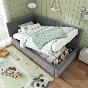 Lit dangle - MERAX - Lit d’angle avec coffre hydraulique - Velours capitonné - Coffre de rangement - 90x190 cm Gris - Publicité Lit dangle - MERAX - Lit d’angle avec coffre hydraulique - Velours capitonné - Coffre de rangement - 90x190 cm Gris - Publicité