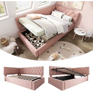 Lit dangle avec coffre - MERAX - Lit multifonction 90x200 - Velours capitonné - Coffre hydraulique - Sommier lattes Rose - Publicité Lit dangle avec coffre - MERAX - Lit multifonction 90x200 - Velours capitonné - Coffre hydraulique - Sommier lattes Rose - Publicité