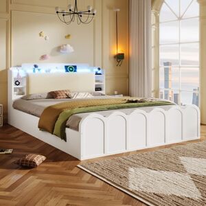 MERAX Lit Double 140x200 cm Blanc avec Coffre Hydraulique LED et USB Type C Tête de Lit Rembourrée sans Matelas Blanc - Publicité MERAX Lit Double 140x200 cm Blanc avec Coffre Hydraulique LED et USB Type C Tête de Lit Rembourrée sans Matelas Blanc - Publicité