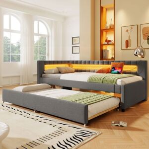 Lit gigogne 1 place - MERAX - 90x200 cm - Tissu gris - LED intégrée - Ports USB & Type-C Gris - Publicité Lit gigogne 1 place - MERAX - 90x200 cm - Tissu gris - LED intégrée - Ports USB & Type-C Gris - Publicité