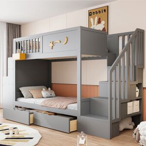 Lit superposé enfant - MERAX - 90x200 avec bureau et escalier rangement - Bois massif - Tiroirs - Motif étoile Gris - Publicité Lit superposé enfant - MERAX - 90x200 avec bureau et escalier rangement - Bois massif - Tiroirs - Motif étoile Gris - Publicité