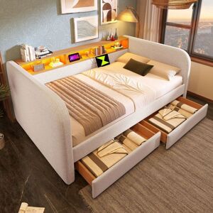 Lit rembourré - MERAX - Lit banquette LED et USB - 140x190 cm - 2 tiroirs - Tissu lin beige Beige - Publicité Lit rembourré - MERAX - Lit banquette LED et USB - 140x190 cm - 2 tiroirs - Tissu lin beige Beige - Publicité