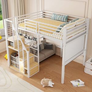 Lit mezzanine - MERAX - Lit mezzanine avec escalier et rangement - 140x200 cm - Métal + MDF - Rangement intégré Blanc - Publicité Lit mezzanine - MERAX - Lit mezzanine avec escalier et rangement - 140x200 cm - Métal + MDF - Rangement intégré Blanc - Publicité