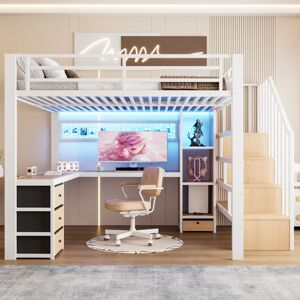 Lit mezzanine - MERAX - 140x200 avec bureau en L - LED réglable - 4 tiroirs & rangement - Structure métal blanc Blanc - Publicité Lit mezzanine - MERAX - 140x200 avec bureau en L - LED réglable - 4 tiroirs & rangement - Structure métal blanc Blanc - Publicité