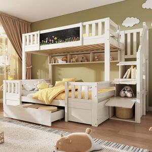 Lit superposé enfant - MERAX - 3 places 90x200+140x200 - Bois massif - Escalier rangement - Tableau noir Blanc - Publicité Lit superposé enfant - MERAX - 3 places 90x200+140x200 - Bois massif - Escalier rangement - Tableau noir Blanc - Publicité