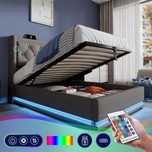 Lit simple 90x200 - MERAX - Tête de lit capitonnée - Ports USB/Type-C - Rangement hydraulique - LED 3 côtés - en Lin Gris Gris - Publicité Lit simple 90x200 - MERAX - Tête de lit capitonnée - Ports USB/Type-C - Rangement hydraulique - LED 3 côtés - en Lin Gris Gris - Publicité