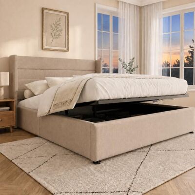 YELENARO Lit Coffre Rembourré 160x200cm avec Sommier - Lit Adulte avec Rangement Hydraulique et Tête de Lit Capitonné - Moderne - Lin - Beige Beige - Publicité YELENARO Lit Coffre Rembourré 160x200cm avec Sommier - Lit Adulte avec Rangement Hydraulique et Tête de Lit Capitonné - Moderne - Lin - Beige Beige - Publicité