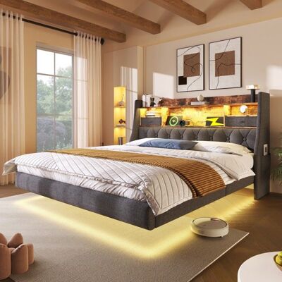 NOBRAND Lit Double Lit capitonné flottant 180x200 cm avec LED tête de lit recharge Type-C/USB rangement et sommier à lattes Sans Matelas Gris - Publicité NOBRAND Lit Double Lit capitonné flottant 180x200 cm avec LED tête de lit recharge Type-C/USB rangement et sommier à lattes Sans Matelas Gris - Publicité