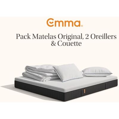EMMA Pack Matelas Emma Original+ 140x200 + 2 Oreillers Emma Original Confort + Couette Été Emma Mémoire de Forme + Ressorts - Publicité EMMA Pack Matelas Emma Original+ 140x200 + 2 Oreillers Emma Original Confort + Couette Été Emma Mémoire de Forme + Ressorts - Publicité