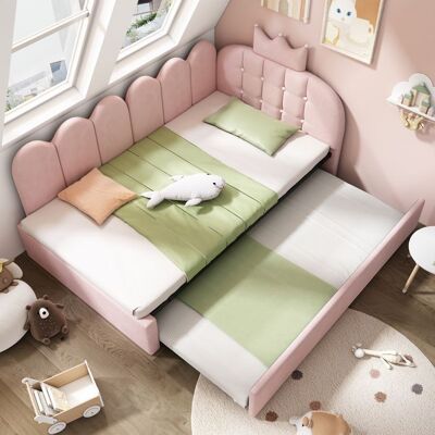 Canapé-lit gigogne enfant - LEMONBEST - Forme en L - Velours rose - Couchages 90x200 & 90x190 - Structure métal Rose - Publicité Canapé-lit gigogne enfant - LEMONBEST - Forme en L - Velours rose - Couchages 90x200 & 90x190 - Structure métal Rose - Publicité