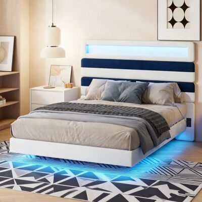 Lit 140x190 cm - COZY - Flottant - LED RGB - Charge USB - Velours Blanc Cassé Beige - Publicité Lit 140x190 cm - COZY - Flottant - LED RGB - Charge USB - Velours Blanc Cassé Beige - Publicité
