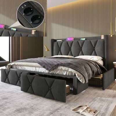 Lit coffre - LANGTU - 140x200 - 4 tiroirs - Prises secteur & 2 ports USB - Revêtement lin gris Gris - Publicité Lit coffre - LANGTU - 140x200 - 4 tiroirs - Prises secteur & 2 ports USB - Revêtement lin gris Gris - Publicité