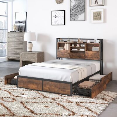 COSTWAY Lit Double Industriel pour Adulte 160x200CM - Prises USB Tiroirs sur Roulettes Espace de Rangement Caché - Charge 300KG Marron - Publicité COSTWAY Lit Double Industriel pour Adulte 160x200CM - Prises USB Tiroirs sur Roulettes Espace de Rangement Caché - Charge 300KG Marron - Publicité