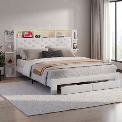 Lit 160x200 cm - COZY - LED - Velours blanc - 2 places - Tiroirs de rangement Blanc - Publicité Lit 160x200 cm - COZY - LED - Velours blanc - 2 places - Tiroirs de rangement Blanc - Publicité