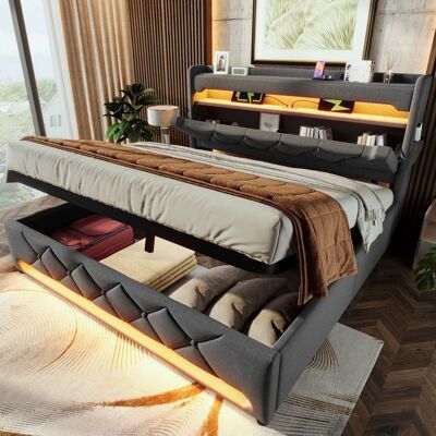 MERAX Lit Coffre avec Rangement Hydraulique - 180x200 - Tête de Lit avec Ports USB et Type C - Éclairage LED - Lin Gris - Sans Matelas Gris - Publicité MERAX Lit Coffre avec Rangement Hydraulique - 180x200 - Tête de Lit avec Ports USB et Type C - Éclairage LED - Lin Gris - Sans Matelas Gris - Publicité