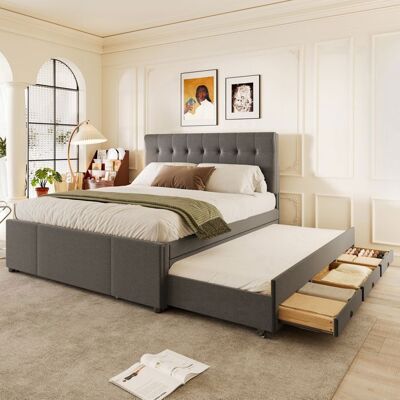 Blueline lit rembourré 140x200cm lit double lit familial lit double avec trois tiroirs lit extensible tête de lit réglable sans mate Gris - Publicité Blueline lit rembourré 140x200cm lit double lit familial lit double avec trois tiroirs lit extensible tête de lit réglable sans mate Gris - Publicité