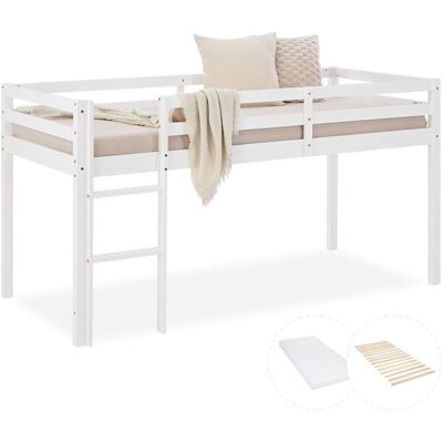 HOMESTYLE4U Lit Haut Mezzanine Enfant 90x200 cm – Idéal pour Économiser de lEspace – Blanc avec Matelas Blanc - Publicité HOMESTYLE4U Lit Haut Mezzanine Enfant 90x200 cm – Idéal pour Économiser de lEspace – Blanc avec Matelas Blanc - Publicité