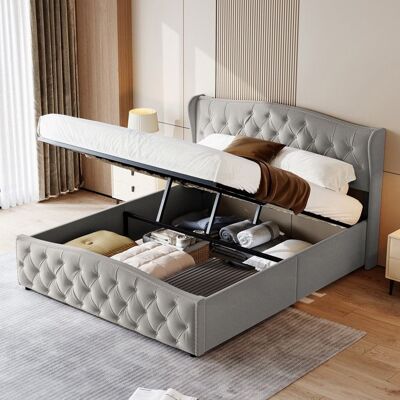 COZY Lit coffre 160x200 cm lit double rembourré avec sommier à lattes et tête de lit lit adulte gris - Publicité COZY Lit coffre 160x200 cm lit double rembourré avec sommier à lattes et tête de lit lit adulte gris - Publicité