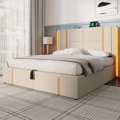 NOBRAND Lit Double 180x200 avec Cadre en Bois Rangement LED USB-C et Tête de Lit Contrôlable Tissu Lin Beige Sans Matelas Beige - Publicité NOBRAND Lit Double 180x200 avec Cadre en Bois Rangement LED USB-C et Tête de Lit Contrôlable Tissu Lin Beige Sans Matelas Beige - Publicité