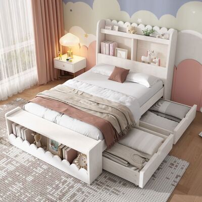 Blueline Lit enfant 90x200cm avec tiroirs étagères et banc de rangement Lit simple bois massif avec sommier à lattes blanc et chêne Blanc - Publicité Blueline Lit enfant 90x200cm avec tiroirs étagères et banc de rangement Lit simple bois massif avec sommier à lattes blanc et chêne Blanc - Publicité