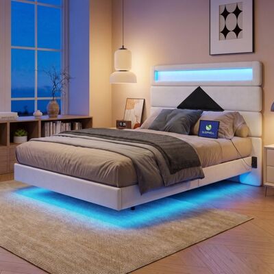 Lit 140x190 cm avec Sommier - RWUDV - Lit Double 140 x 190 cm - Cadre Flottant avec LED et USB -Lit Adulte 2 Personnes-Velours beige Beige - Publicité Lit 140x190 cm avec Sommier - RWUDV - Lit Double 140 x 190 cm - Cadre Flottant avec LED et USB -Lit Adulte 2 Personnes-Velours beige Beige - Publicité