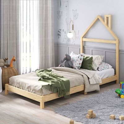 Idimex Lit enfant LIZ tête de lit en forme de maison Lit au sol Montessori Pour couchage 90 x 190 cm bois de pin massif Coloris naturel Marron - Publicité Idimex Lit enfant LIZ tête de lit en forme de maison Lit au sol Montessori Pour couchage 90 x 190 cm bois de pin massif Coloris naturel Marron - Publicité