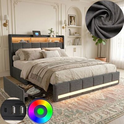 Lit 140x190 avec tiroirs - COZY - lit double 140x190 cm - cadre de lit 140x190 cm - 4 tiroir - LED ET USB - tissu en lin - gris Beige - Publicité Lit 140x190 avec tiroirs - COZY - lit double 140x190 cm - cadre de lit 140x190 cm - 4 tiroir - LED ET USB - tissu en lin - gris Beige - Publicité